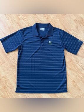 New York Yankees Navy Stripe Athletic Polo Shirt - Men's Large